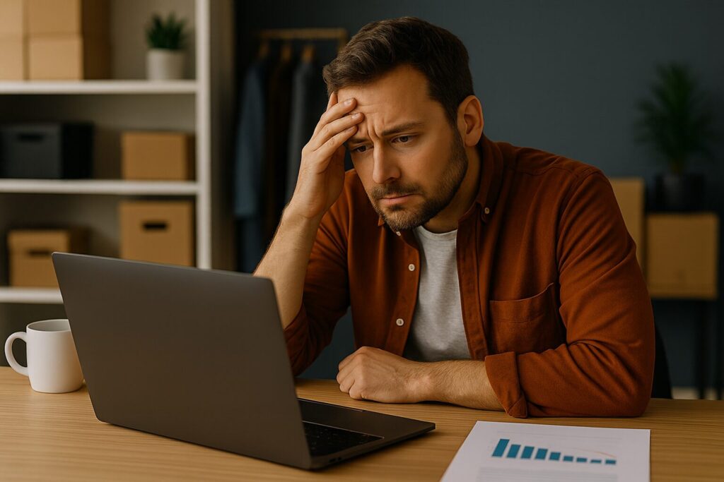 Mężczyzna sprawdza wyniki sprzedaży przed laptopem.